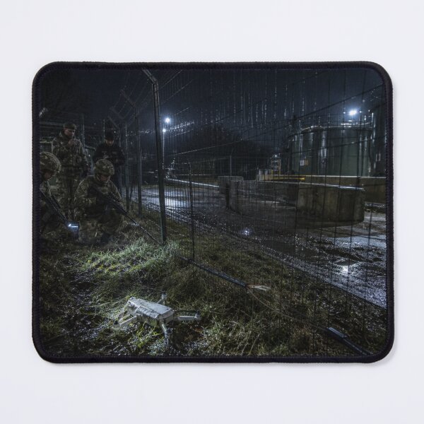 Item preview, British Military Drone Incident at Night | Rain Soaked Modern War Fuel Compound Print designed and sold by Element Horizon Studio.