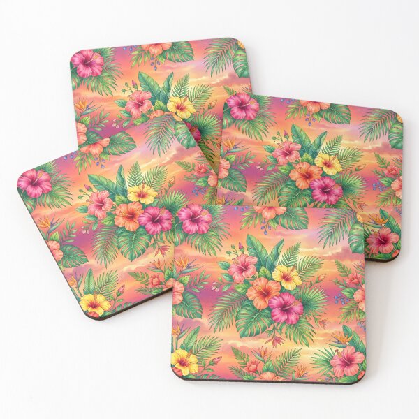 Item preview, Tropical hibiscus pattern at sunset. designed and sold by MyHappyArtShop.