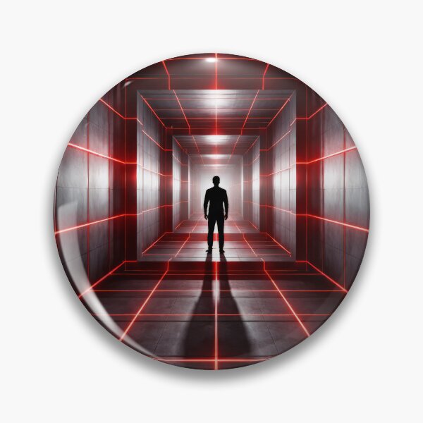 Artikelvorschau, Mann-Silhouette, rotes Lasergitter, dunkler Korridor, Thriller-Poster entworfen und verkauft von Cine8.