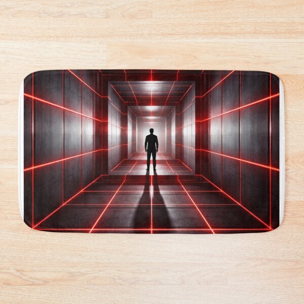 Artikelvorschau, Mann-Silhouette, rotes Lasergitter, dunkler Korridor, Thriller-Poster entworfen und verkauft von Cine8.