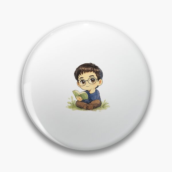 Item preview, A cute cartoon boy with round glasses sits on the grass, gently reading a book with a calm smile. His soft expression and cozy outfit create a warm, peaceful atmosphere of curiosity and imagination. designed and sold by Billion-design.