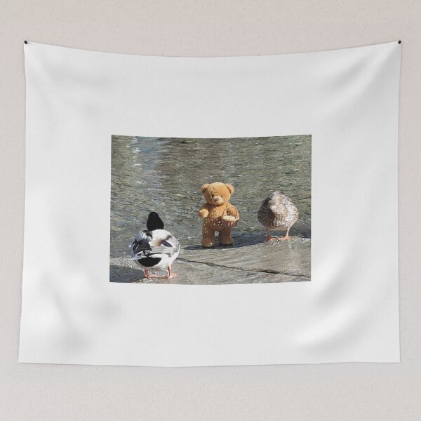 Item preview, Plush Bear Feeding Ducks in a Peaceful Nature Scene designed and sold by pasalagabriela.