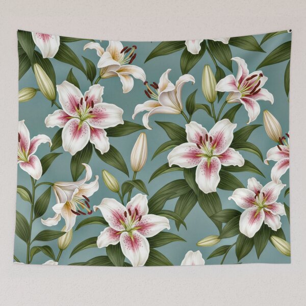 Aperçu de l'œuvre Motif floral de lys stargazer sur fond bleu sarcelle doux créée et vendue par IntelliMindDesigns.