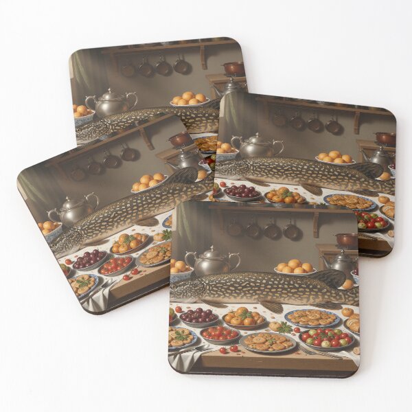 Item preview, The Grand Pike Feast: A Surreal Still Life in a Rustic Kitchen designed and sold by MOCMOR.