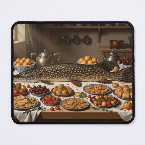 Item preview, The Grand Pike Feast: A Surreal Still Life in a Rustic Kitchen designed and sold by MOCMOR.