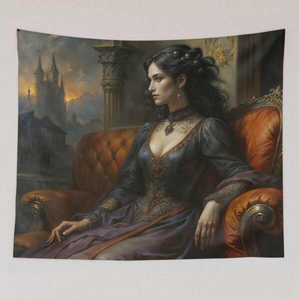 Item preview, Gothic Queen In Orange Armchair Castle Art designed and sold by DarkHolyQueen.