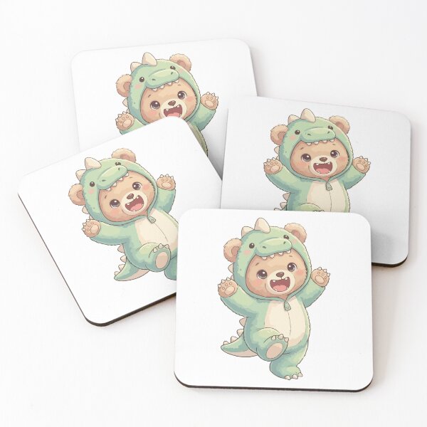 Item preview, Happy Kawaii Bear Wearing Green Dinosaur Costume Jumping designed and sold by stylishdzign.