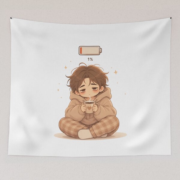 Item preview, Low Battery Mood – Cute Tired Cozy Character with Coffee | Kawaii Exhausted Aesthetic designed and sold by MarekoraStudio.