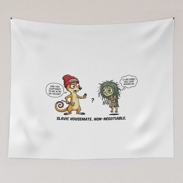 Item preview, Funny Slavic Housemate Meerkat vs Kikimora Retro Cartoon designed and sold by mAXiBoOM.