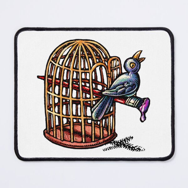 Item preview, a blue singing bird perched on a paintbrush that is coming from the open door of a birdcage designed and sold by LisaHaney.