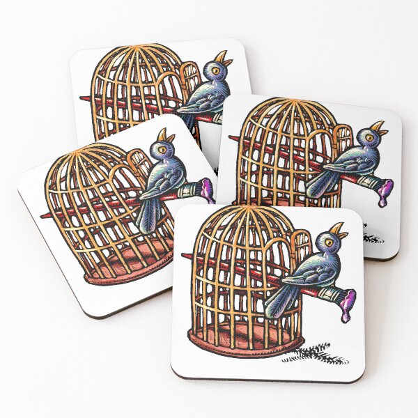 Item preview, a blue singing bird perched on a paintbrush that is coming from the open door of a birdcage designed and sold by LisaHaney.