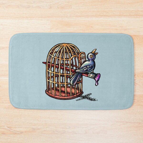 Item preview, a blue singing bird perched on a paintbrush that is coming from the open door of a birdcage designed and sold by LisaHaney.