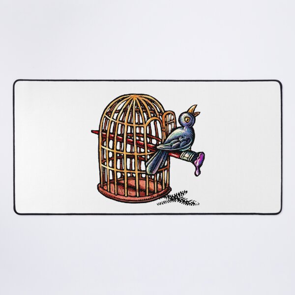 Item preview, a blue singing bird perched on a paintbrush that is coming from the open door of a birdcage designed and sold by LisaHaney.