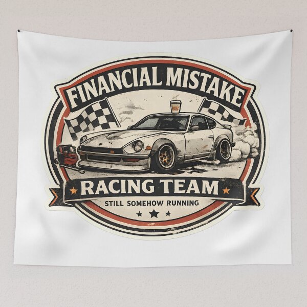 Item preview, Financial Mistake Racing Team Retro Project Car Humor Vintage Motorsport Artwork designed and sold by StickyGuys.