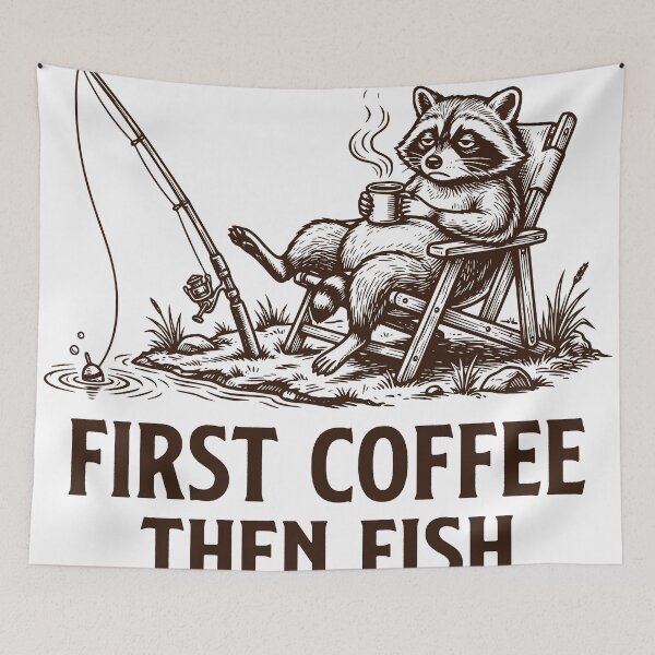 Item preview, First Coffee Then Fish Raccoon, Funny Fishing Humor Design designed and sold by TeeVerse27.