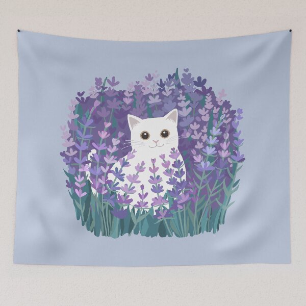 Item preview, Cute White Cat with Lavender Flowers - Cottagecore designed and sold by Wonderlandjoy.