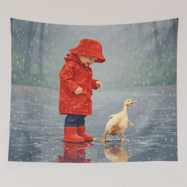 Item preview, Child in Raincoat Duck Rain Scene designed and sold by Creative_Canvas.