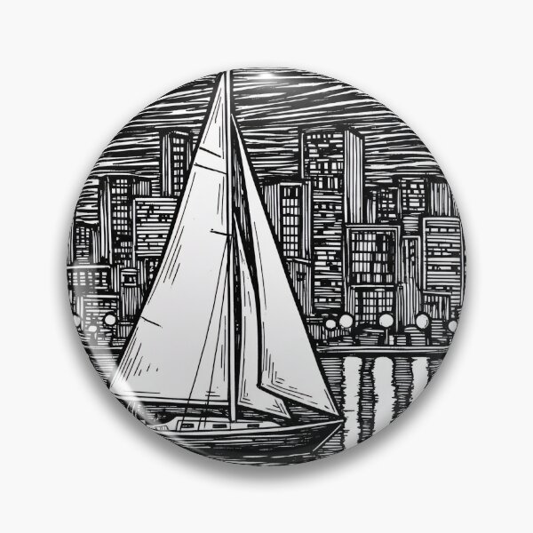 Item preview, Black and White Cityscape Linocut Sailboats designed and sold by PixorStudio.