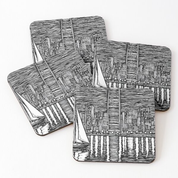 Item preview, Black and White Cityscape Linocut Sailboats designed and sold by PixorStudio.