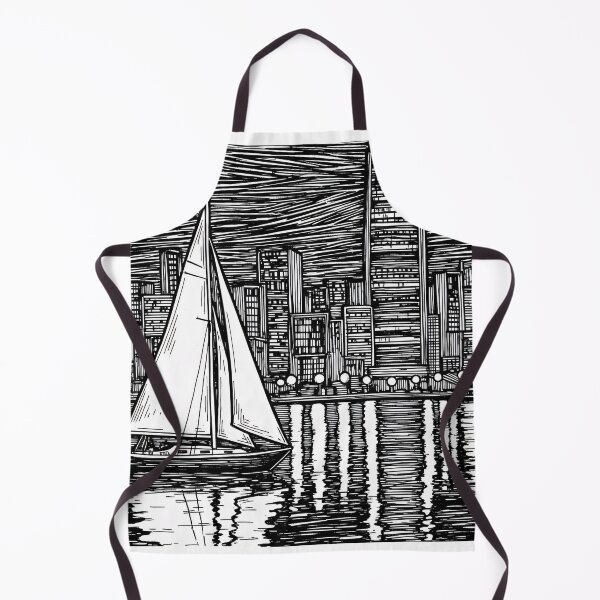 Aperçu de l'œuvre Linogravure en noir et blanc représentant un paysage urbain avec des voiliers créée et vendue par PixorStudio.