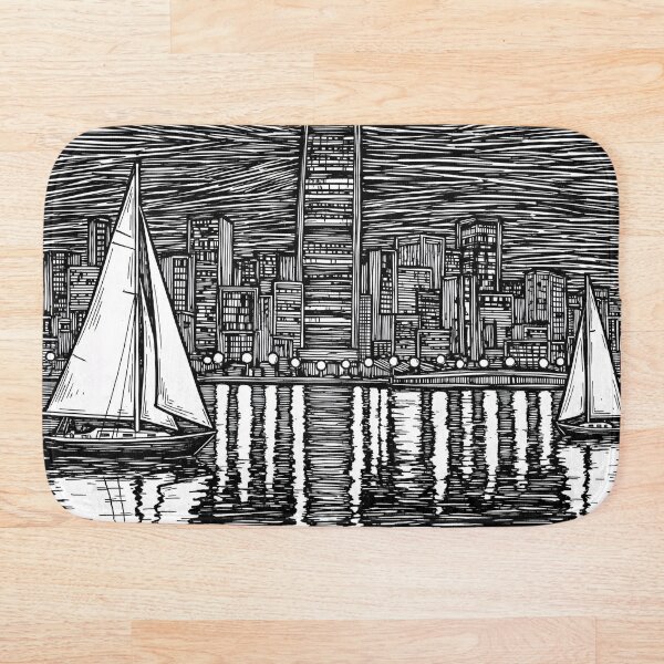 Item preview, Black and White Cityscape Linocut Sailboats designed and sold by PixorStudio.