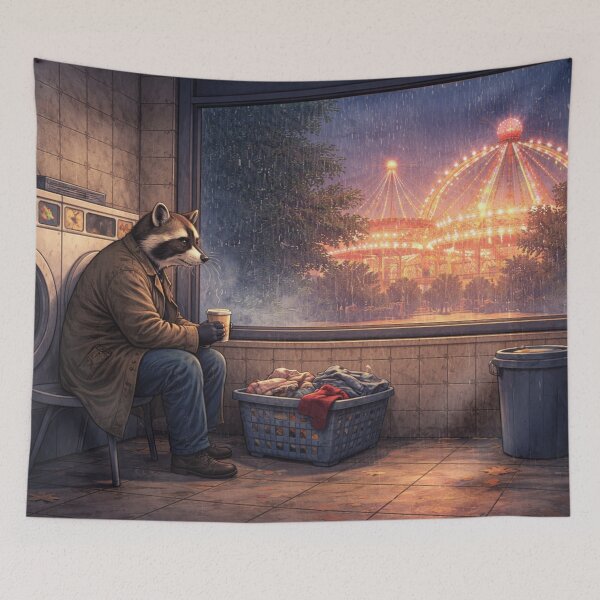 Item preview, Melancholy Raccoon Laundry Night Scene designed and sold by Creative_Canvas.