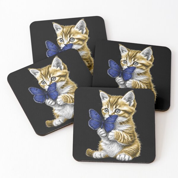Item preview, Cute Kitten Butterfly Blue Morpho Tabby Cat Art designed and sold by Golden Threads Studio.