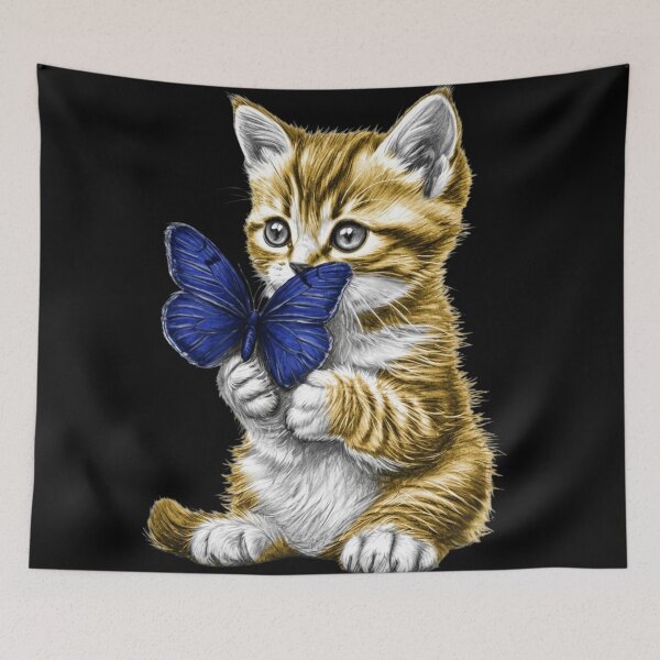 Item preview, Cute Kitten Butterfly Blue Morpho Tabby Cat Art designed and sold by Golden Threads Studio.