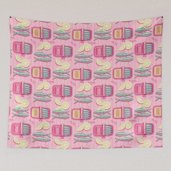 Item preview, Cute Sardines Pattern with Lemons. Pink Seamless Seafood Design designed and sold by MinimalAnGo.