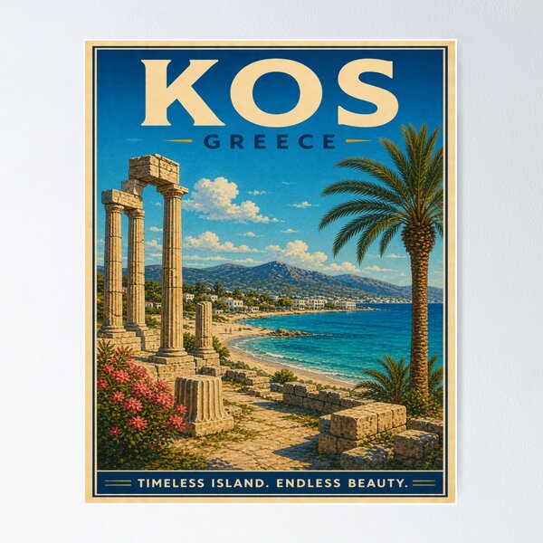 Item preview, Vintage Kos Greece Island Poster designed and sold by TravelScape Studio.