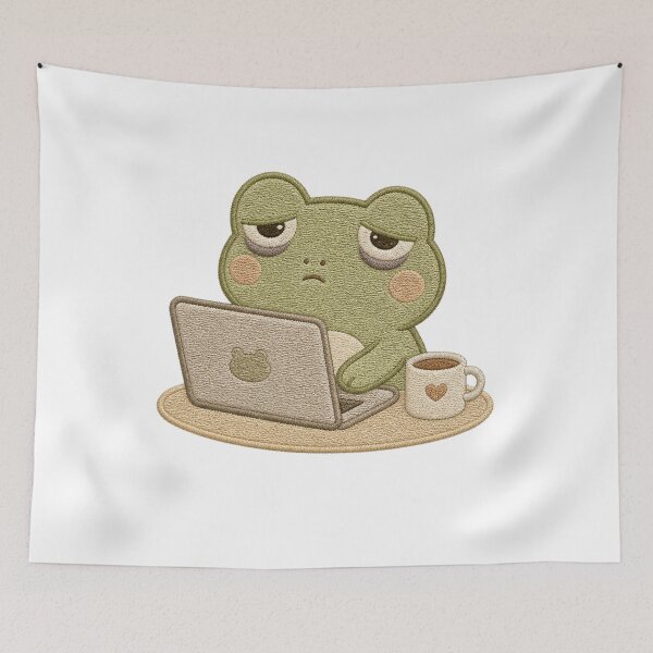 Item preview, Tired Frog Laptop Meme – Cozy Embroidery Aesthetic designed and sold by AMICO77.