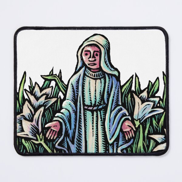 Item preview, statue of virgin mary in garden of white easter lilies designed and sold by LisaHaney.