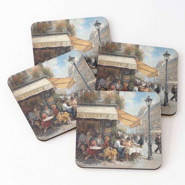 Item preview, Couple and friends at a sunny Paris café terrace designed and sold by Rue Market.