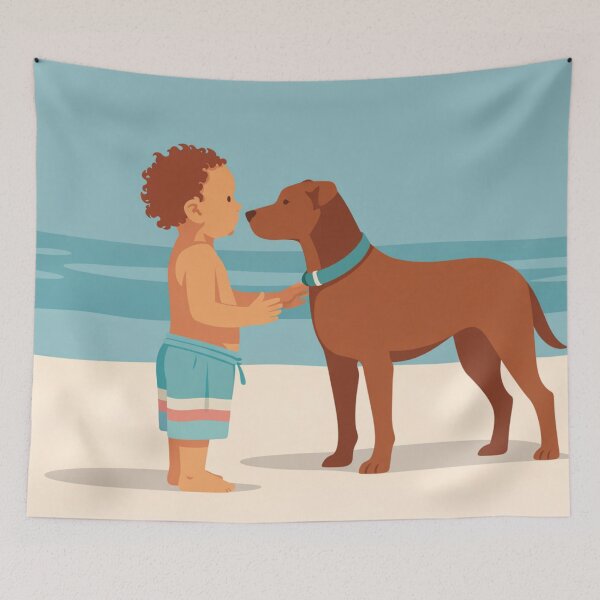 Item preview, Child And Dog Friendship Beach Illustration designed and sold by Creative_Canvas.