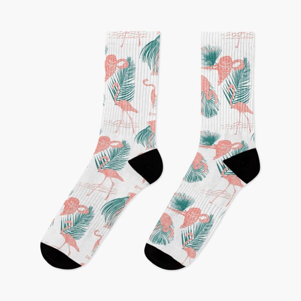 Item preview, Flamingo and Tropical Leaves Frolicking Block Print Style designed and sold by PD-Coastal.
