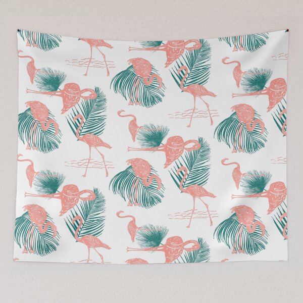 Item preview, Flamingo and Tropical Leaves Frolicking Block Print Style designed and sold by PD-Coastal.