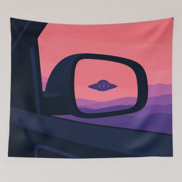 Item preview, UFO In Rear View Mirror Minimal Surreal Illustration designed and sold by Creative_Canvas.