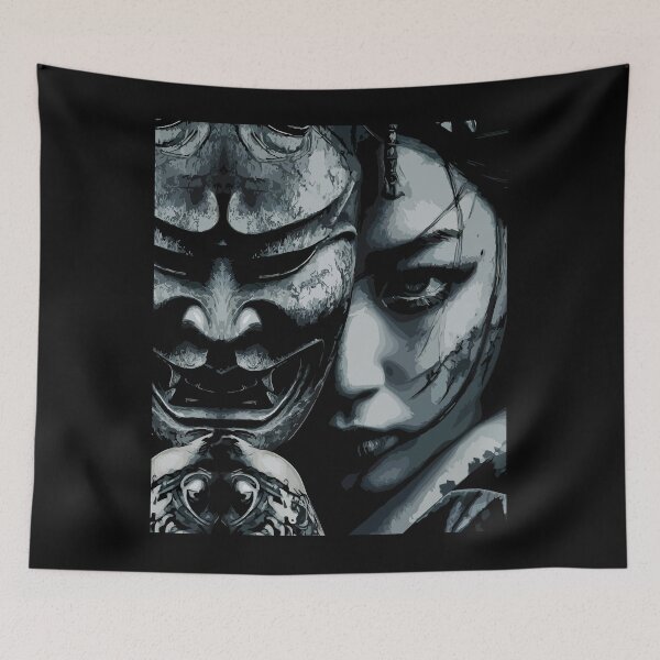 Item preview, Intense Japanese Woman with Traditional Oni Mask Dark Art designed and sold by RamyGallery.