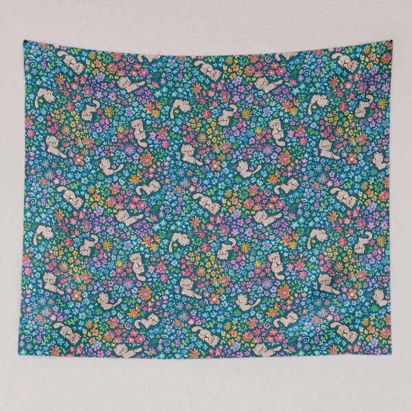 Item preview, Pebble's Whimsical Garden - Gray Cat & Bright Painted Florals - Teal designed and sold by EmiBeeBuzz.