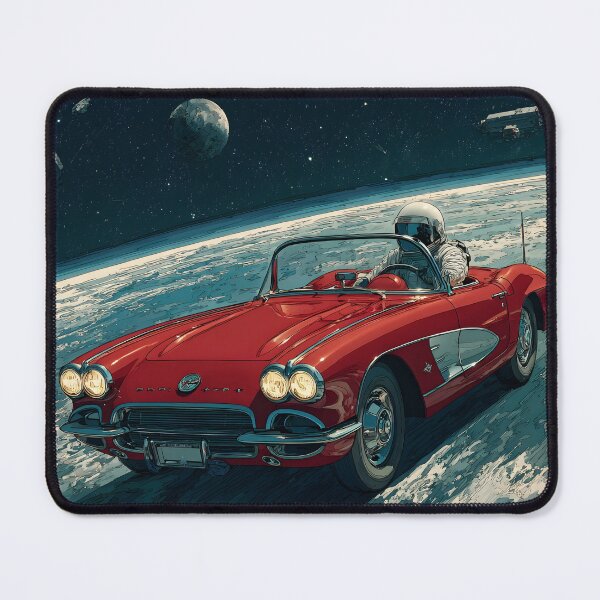 Item preview, Lifelike cartoon of an astronaut driving a red corvette on the moon designed and sold by dcrc.