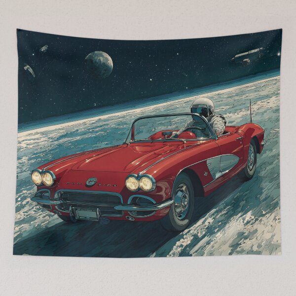 Item preview, Lifelike cartoon of an astronaut driving a red corvette on the moon designed and sold by dcrc.