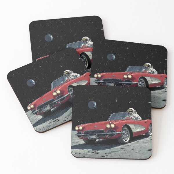 Item preview, Lifelike cartoon of an astronaut driving a red corvette on the moon designed and sold by dcrc.