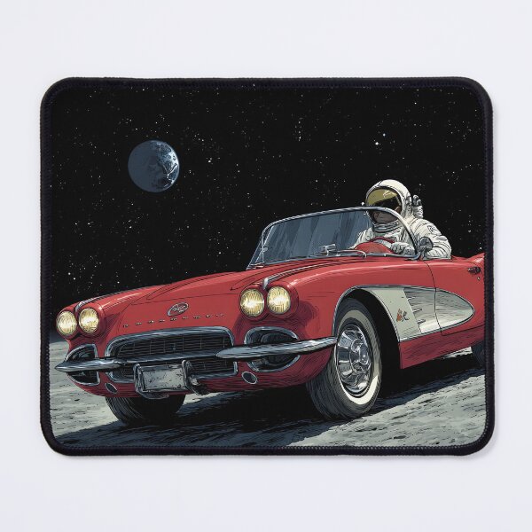 Item preview, Lifelike cartoon of an astronaut driving a red corvette on the moon designed and sold by dcrc.