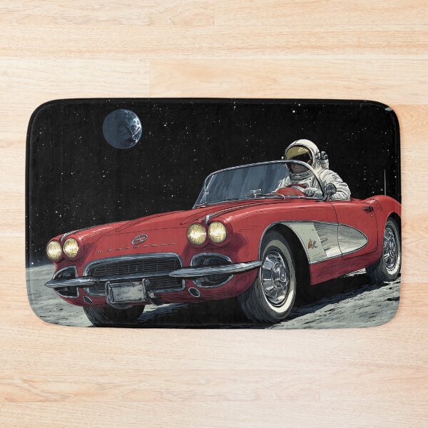 Item preview, Lifelike cartoon of an astronaut driving a red corvette on the moon designed and sold by dcrc.