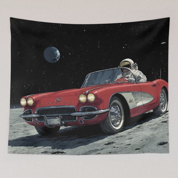Item preview, Lifelike cartoon of an astronaut driving a red corvette on the moon designed and sold by dcrc.