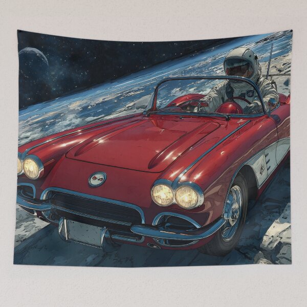 Item preview, Lifelike cartoon of an astronaut driving a red corvette on the moon designed and sold by dcrc.