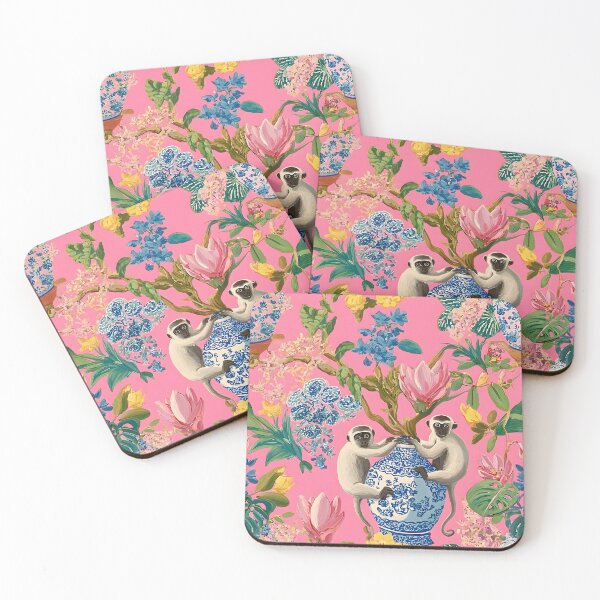 Item preview, Preppy monkeys and ginger jars in tropical flower garden on candy pink designed and sold by SophieClimaArt.