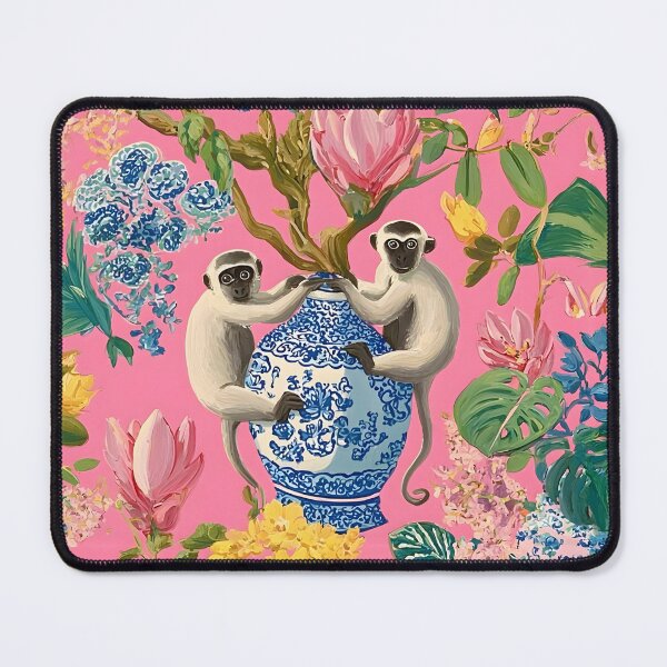 Item preview, Preppy monkeys and ginger jars in tropical flower garden on candy pink designed and sold by SophieClimaArt.