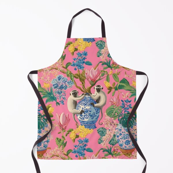 Item preview, Preppy monkeys and ginger jars in tropical flower garden on candy pink designed and sold by SophieClimaArt.