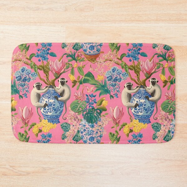 Item preview, Preppy monkeys and ginger jars in tropical flower garden on candy pink designed and sold by SophieClimaArt.